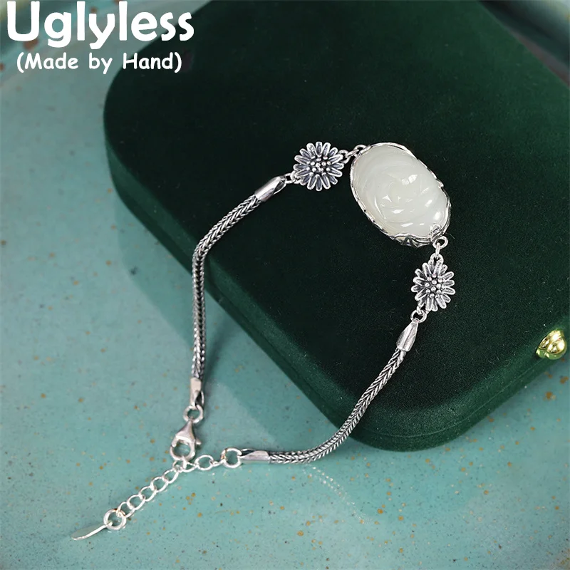

Uglyless Thai Silver Daisy Flowers Bracelets for Women Carved Flowers Hotan Jade Bracelets Real 925 Sterling Silver Jewelry Gems