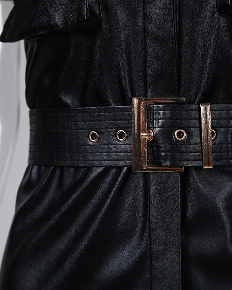 

High Quality Pu Leather Dress with Belted Short Sleeve Turn Down Collar Shirt Dress