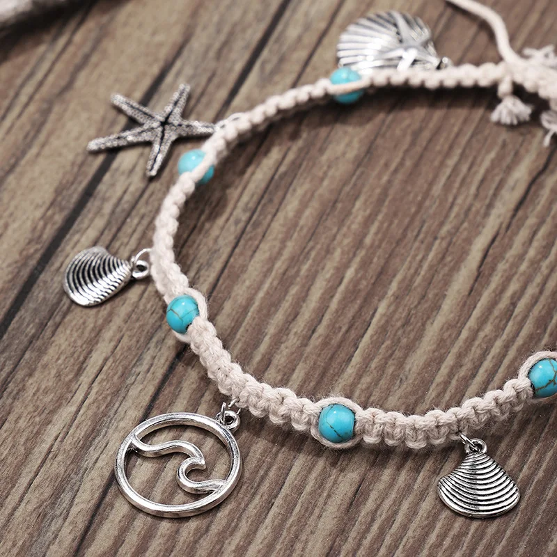 

Bohemian starfish pendant braided rope ladies anklet bracelet shell crystal multilayer foot chain beach fashion anklet jewelry