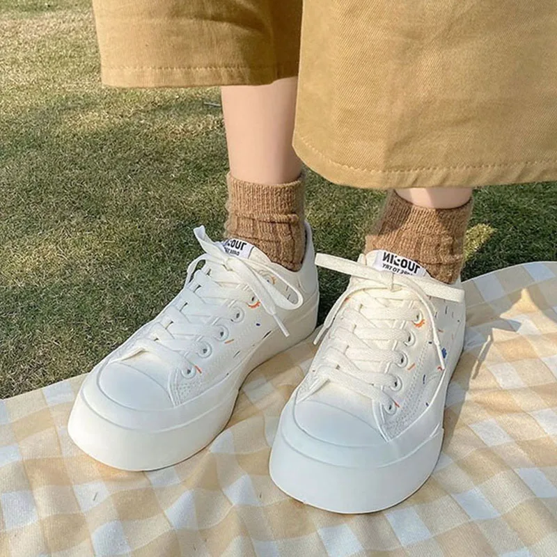 

Rimocy Print Platform Casual Shoes Women 2022 Spring Round Toe Lace-up Flats Woman Thick Bottom Breathable Canvas Shoes Female