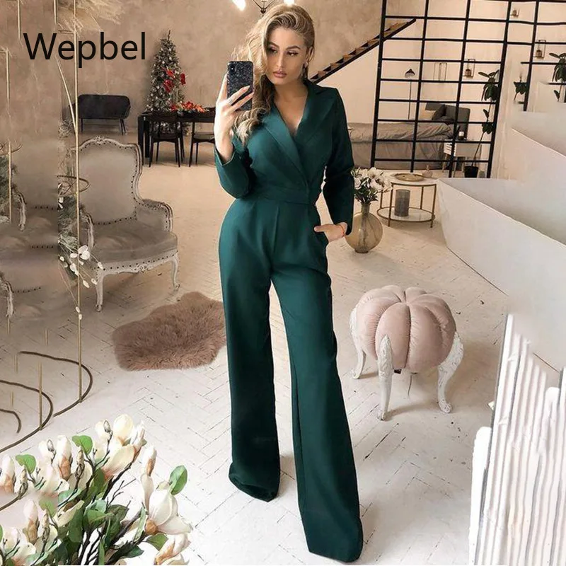 

Wepbel Wide Leg Pants Jumpsuit High Wasit V-neck Jumpsuit Women Summer Sexy Long Sleeve Ladies Business Jumpsuits
