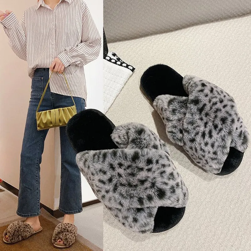 

Winter Women Slippers Home Cotton Shoes Furry Warm Faux Fur Fashion Cozy Indoor Floor Slides Slip on Leopard Luxury Shoes Female