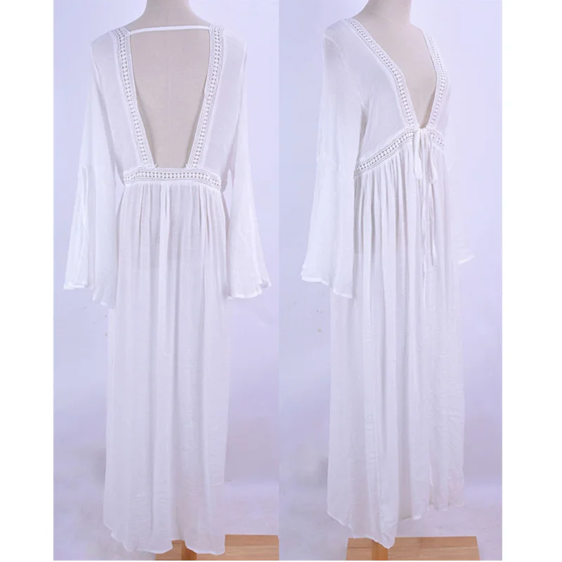 

Sexy Bikini Cover Up Women Summer Beach Dress Tunic White Pareo Beachwear Long 2021 Backless Swimsuit Cover Ups Lace Beach Wear