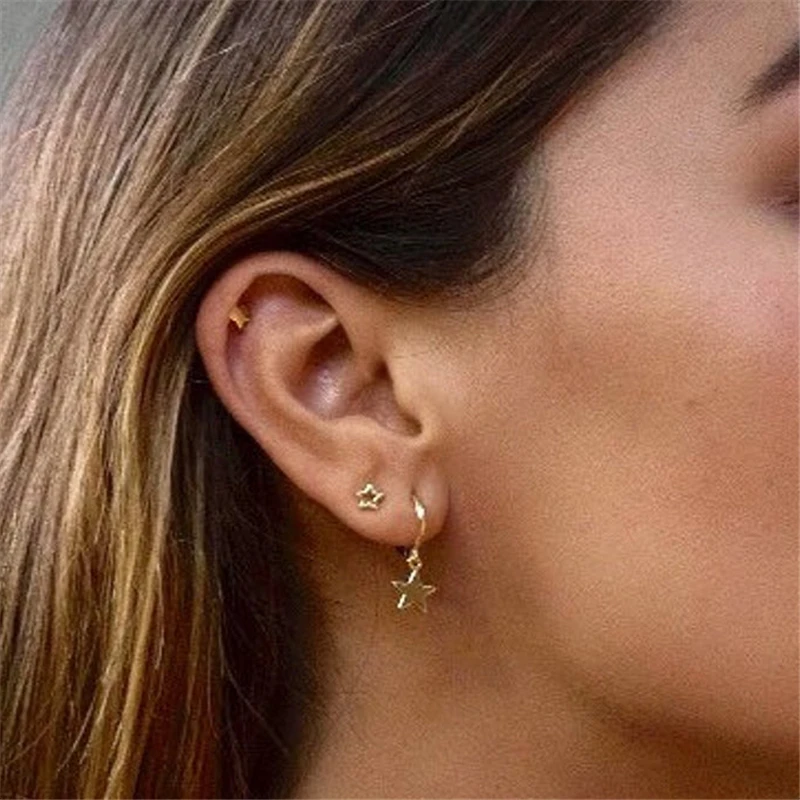 925 Sterling Silver Earrings For Women Star Shape Girl Cartilage Ear Bone Female aretes R5 | Украшения и аксессуары