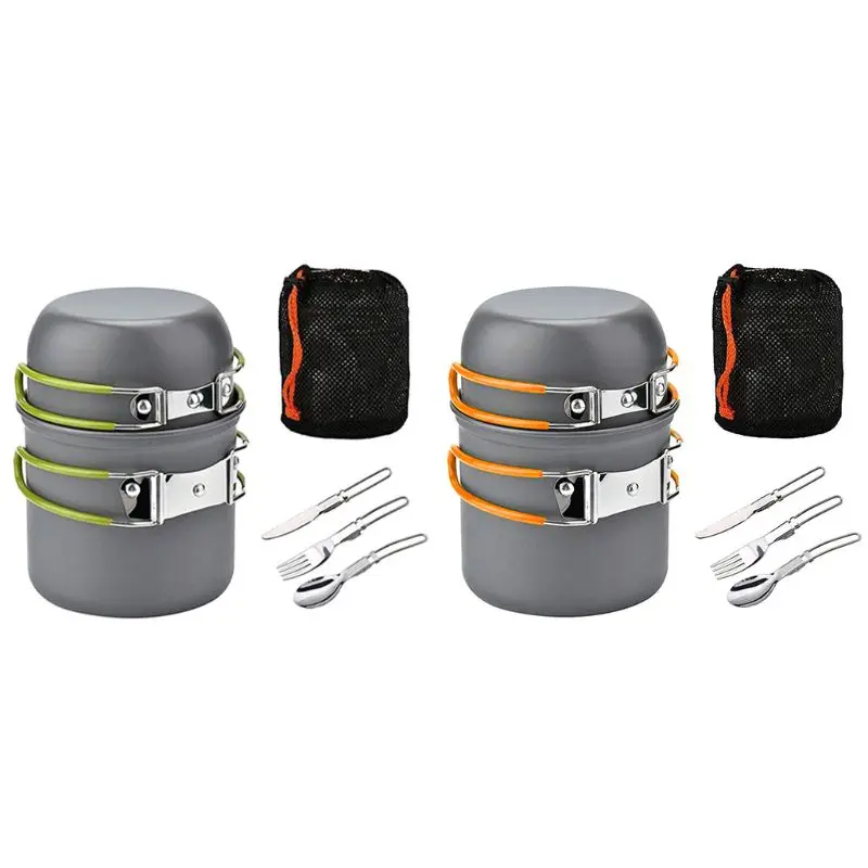 Camping Cookware Mess Kit Outdoor Cooking Equipment Cookset Camp Pot Pan Bowls - Free Folding Utensil Set Bag | Compact Спорт и