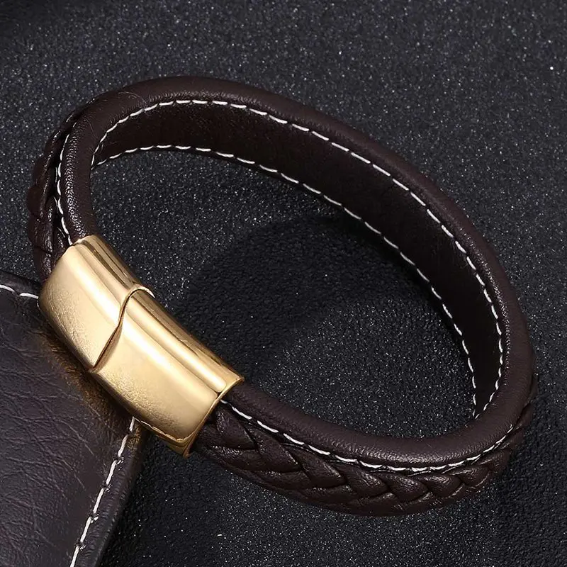 Trend Brown Leather Men Bracelet Gold Stainless Steel Magnetic Buckle Male Bangles Wristband Fashion Jewelry Gifts PD0215 | Украшения и