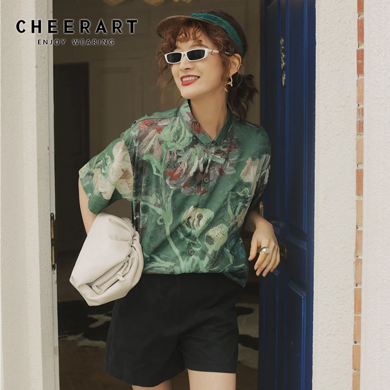 CHEERART Женская гавайская рубашка зеленая блузка с принтом Ван Гога свободного