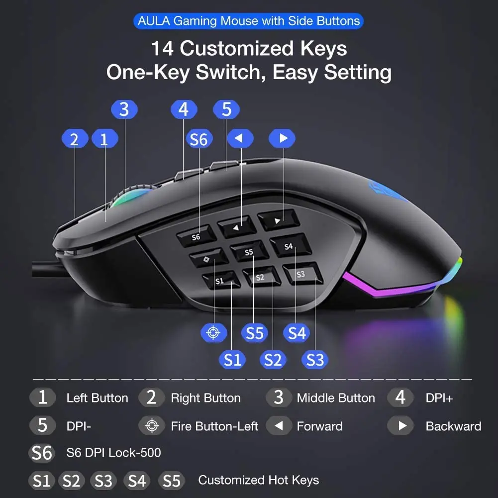 AULA H510 Gaming Mouse Wired RGB 10000 DPI USB Computer Gamer LED Silent Ergonomics Game Mice for PC Laptop Desktop - купить по