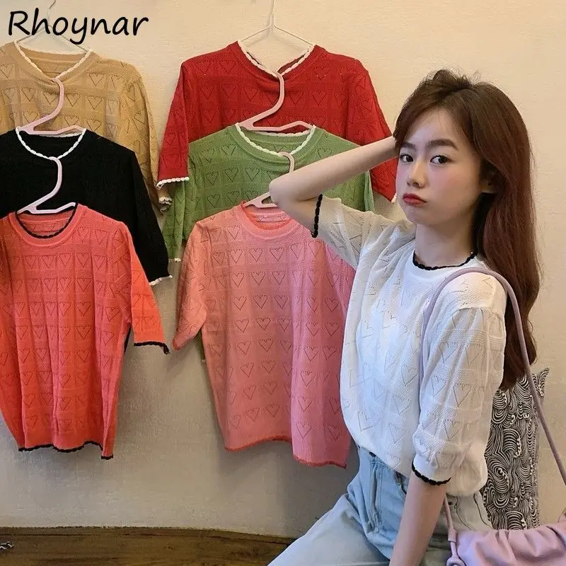 

T-shirts Women Hollow Out Design Elegant Office Ladies Patchwork Newest Hot Sale Inside Summer Minimalist Casual Round Neck Kpop
