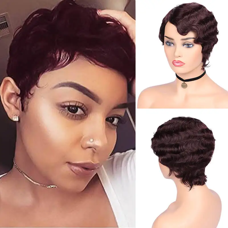 # 99J FAVE Pixie Cut парик короткие парики из человеческих волос бразильский Реми прямой парик натуральный черный с челкой зрелых и способный прическа парик - Цвет волос: # 99J