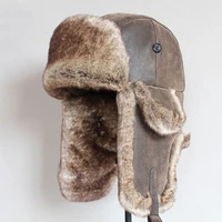 bomber hats winter men warm russian ushanka hat with ear flap pu leather fur trapper cap earflap
