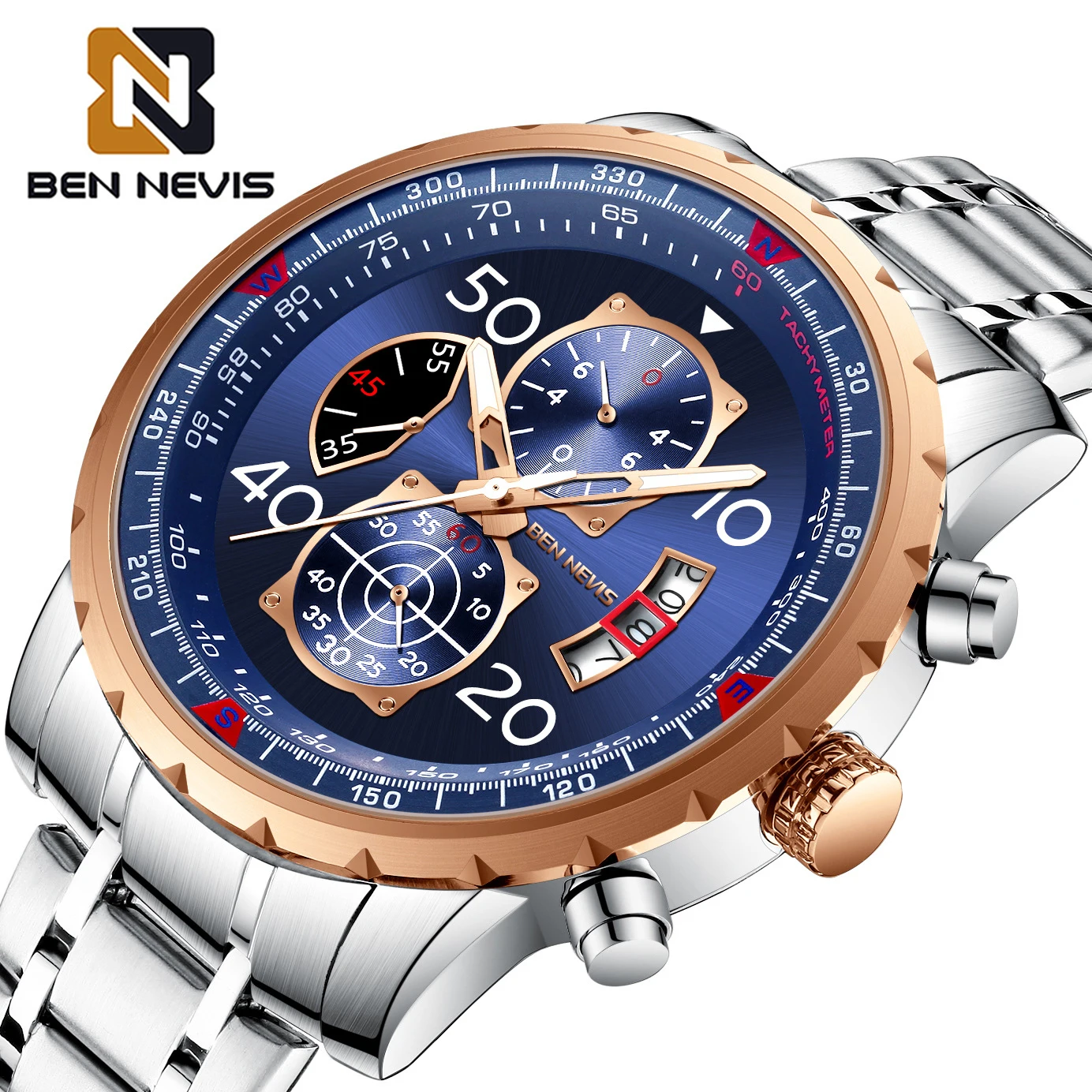 

BEN NEVIS Fashion Mens Sport Watches Stainless Steel Top Brand Luxury Gold Chronograph Men Quartz Watch Male Clock Wristwatches