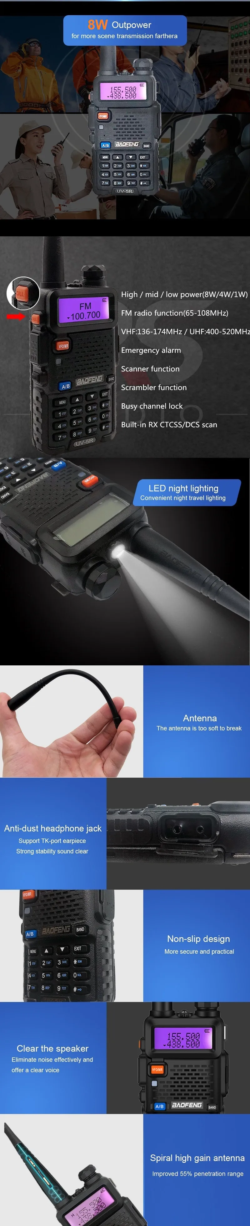 BAOFENG UV-5R 8 Вт рация VHF UHF Любительская Ham CB радиостанция HF трансивер PMR446 охотничий радиоприемник Amador сканер VOX UV 5R