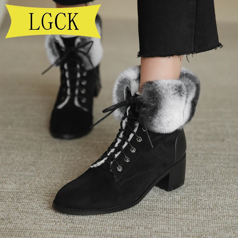 Online Ukuran 34-39 Wanita Ankle Boot Hangat Mewah Musim Dingin Sepatu For Lace-Up Sepatu Hak Tinggi Wanita Boot Wanita Sepatu Bot Salju Musim Dingin Sepatu Hitam