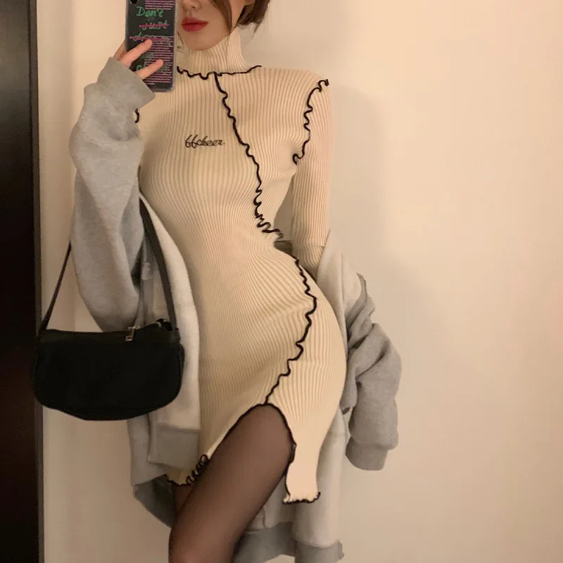 

2021 Осень Новый Французский Ретро простой темперамент вышивка с ангелом средней длины свитер тонкое платье Асимметричный Подол чистый стил...