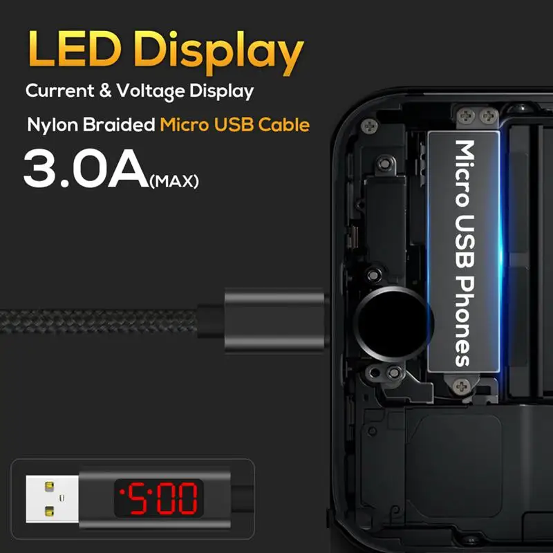 HFES 1M(3.28ft) Micro-USB Data Charging LED Digital Voltage and Current Display Nylon Braided USB Cable | Электроника