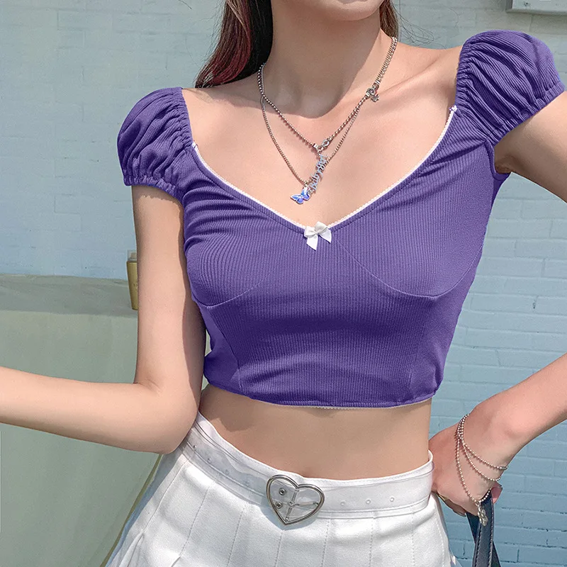

Women Butterfly Knot Casual T-shirts Fabric Tees Harajuku Tops Short Sleeve 2020 Crop Top Slim Summer Short Soft Knitted Female