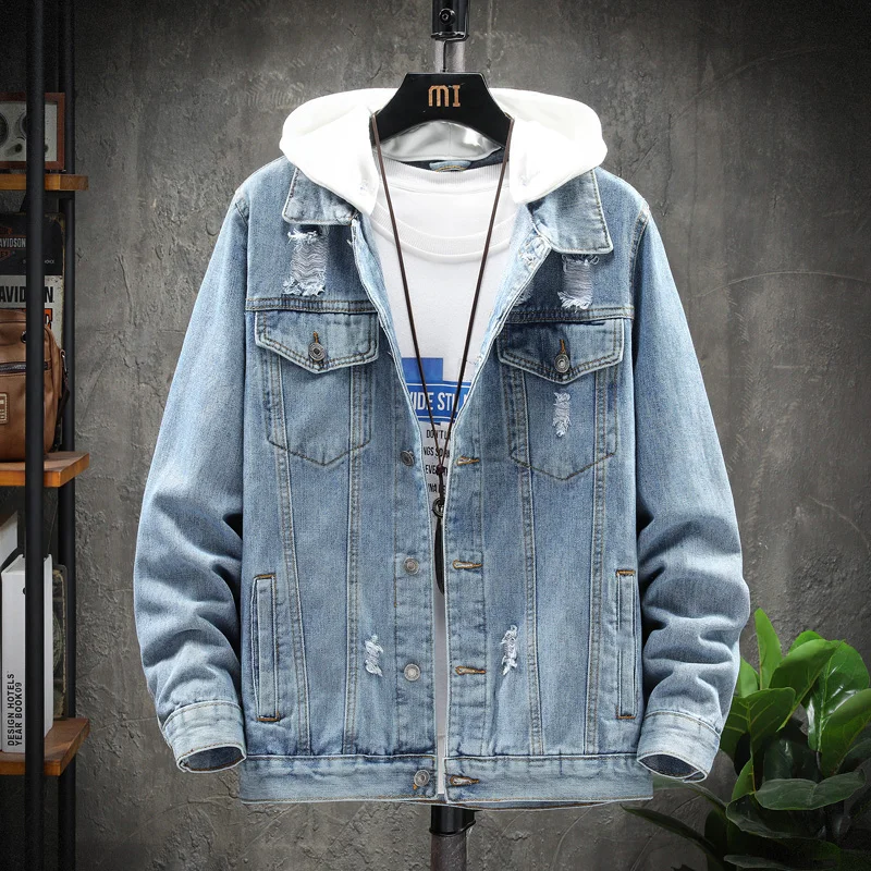 

2020 autumn winter men's new ripped denim jacket soft fabric hip hop trend loose personality ripped lapel washed denim jacket