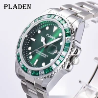 pladen fashion green watches for men silver stainlerss steel quartz timepiece business diamond bezel clock luminous montre homme