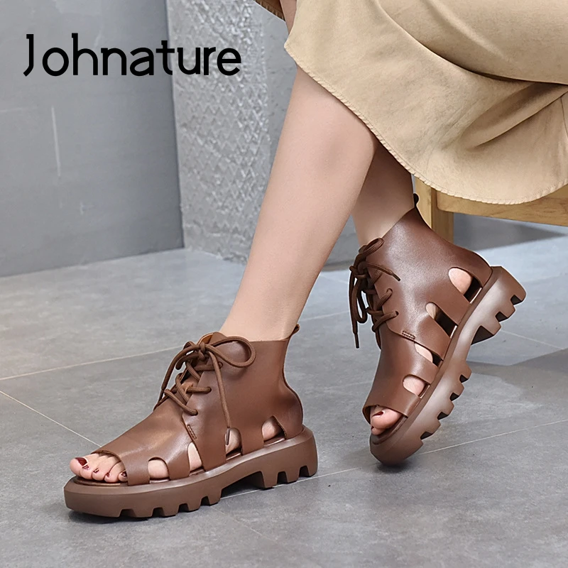

Johnature 2022 New Summer Shoes Women Sandals Genuine Leather Lace-Up Retro Wedges Handmade Concise Leisure Platform Sandals