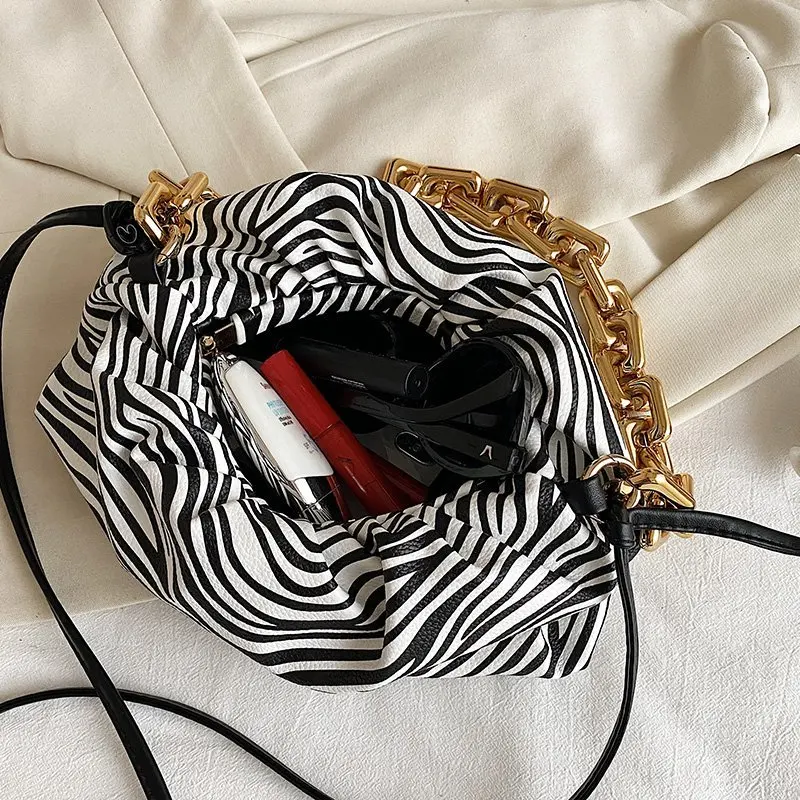 

Women Designer Cloud Clutch Underarm Bags Fashion Zebra Pattern Ladies Thick Chain Shoulder Bag Soft PU Female Handbag Tote