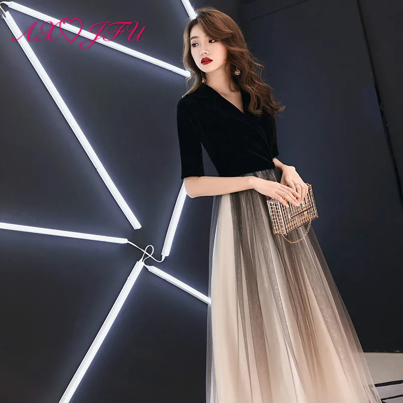 

AXJFU luxury princess black lace evening dress vintage v neck half sleeve sexy Starry long evening dress little black dress