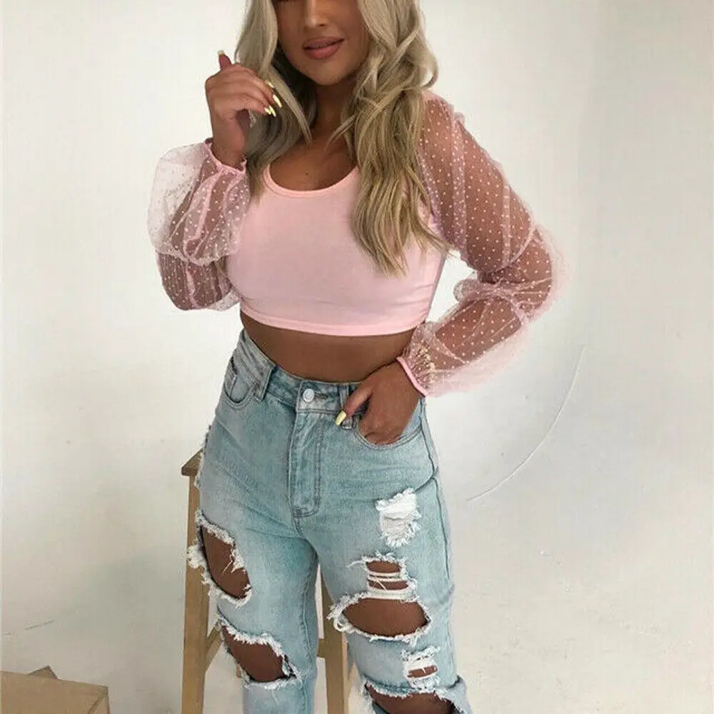 Женские прозрачные сетчатые фатиновые блузки с длинными рукавами рубашки