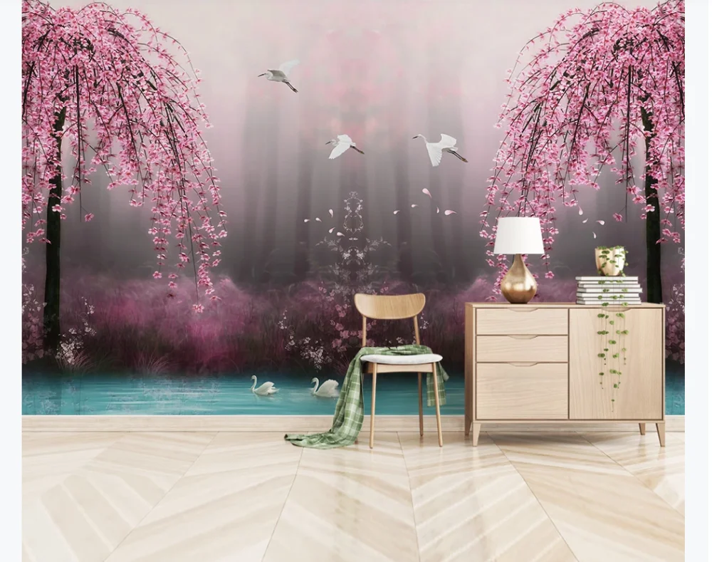 Фотообои на заказ красивые Фэнтези розовый цвет вишни лебедь озеро пейзаж