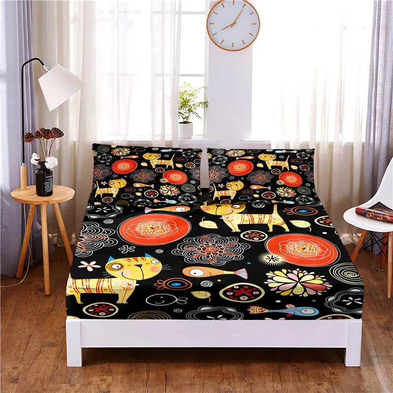 

Cartoon Cat Digital Printed 3pc Polyester Fitted Sheet Mattress Cover Four Corners with Elastic Band Bed Sheet Pillowcases