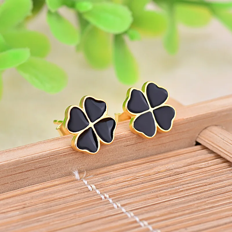 Черные серьги с четырехлистным клевером гвоздики из стерлингового серебра S925