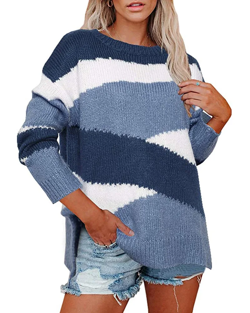 

Fall/Winter Women's 2021 European and American Loose Knit Sweater Irregular Stripes Color Block Sweater Women Pullover