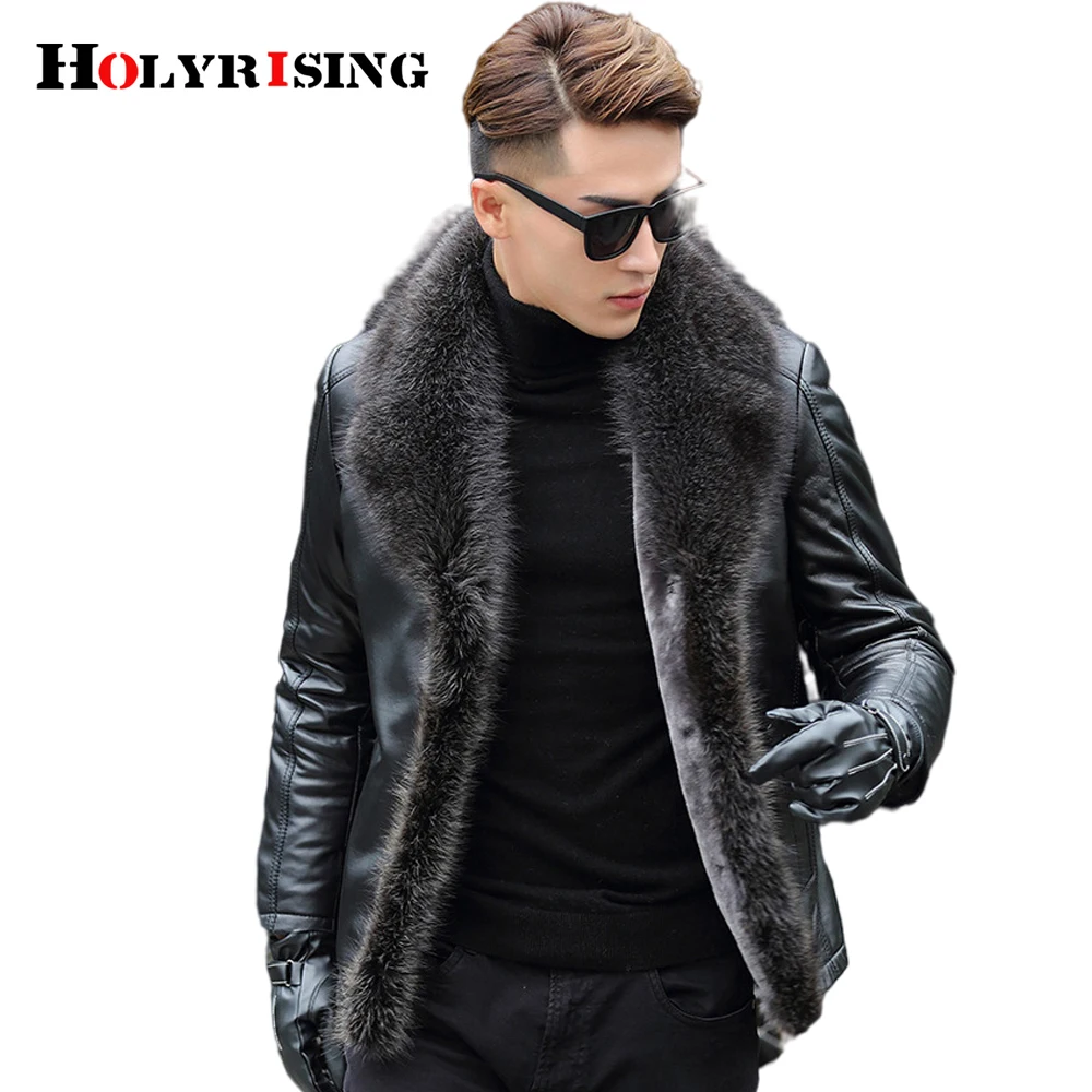 

6XL Men leather jacket Real Raccoon Fur Collar Men Faux Leather Jackets Coat jaqueta de couro chaqueta Thicken winter 19463