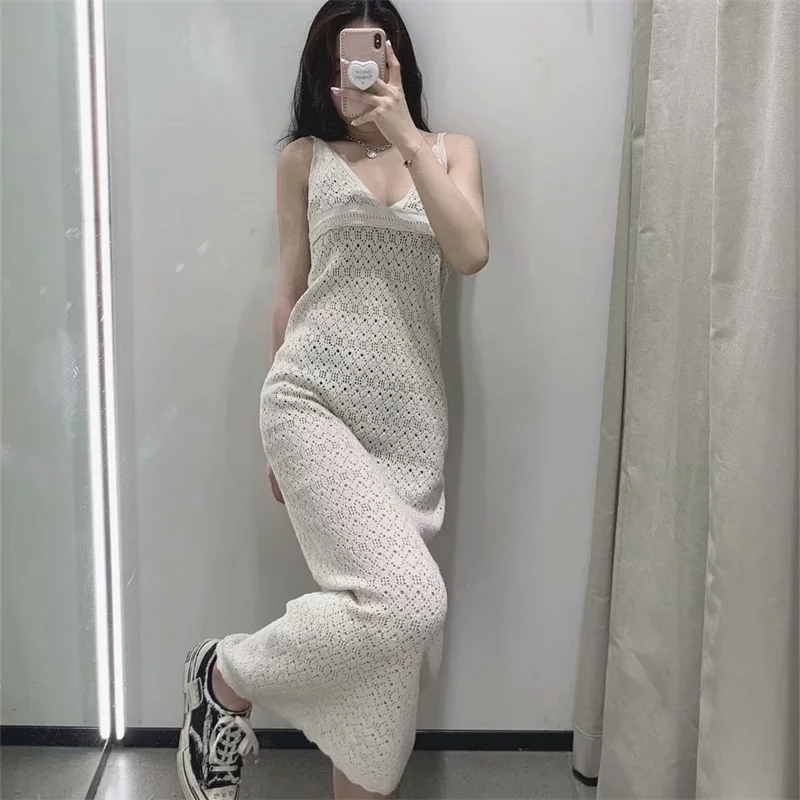 

Summer Beige Openwork Knit Midi Dress Female Za 2021 Vintage Ruffled V-neck Long Dresses Sexy Thin Straps Backless Dresses Women