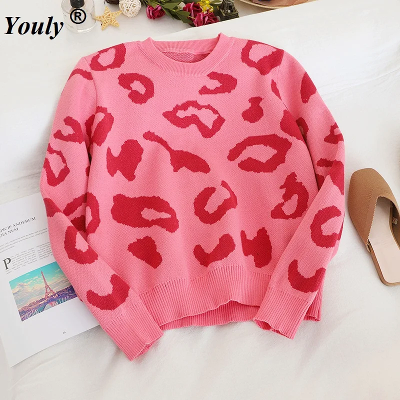 Vintage Pink Printed Spring Casual Sweaters Ladies Long Sleeve Pullover 2021 Fashion ChicLoose knitted Jumper Pull Femme Tops