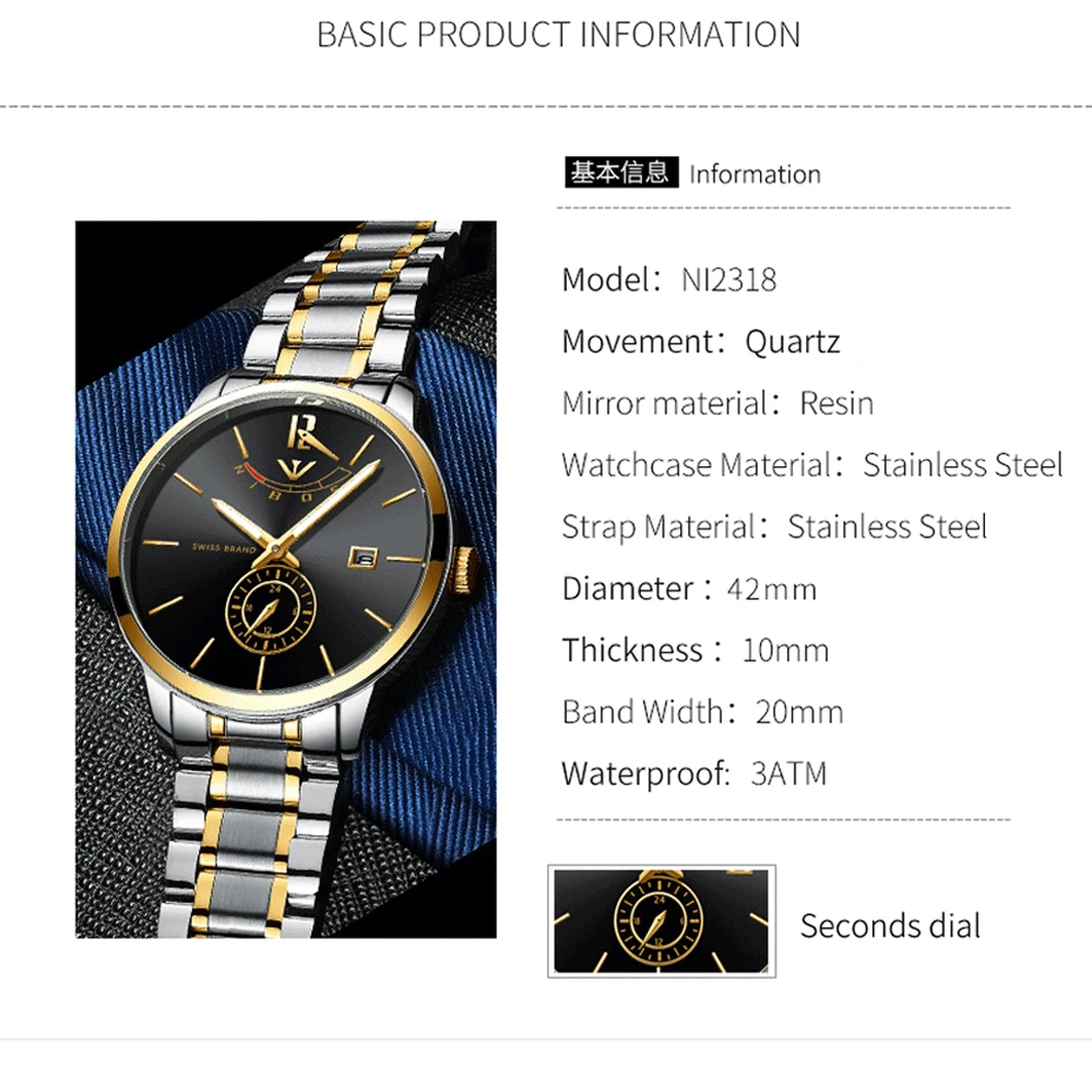 

men watch 2020 Luruxy brand NIBOSI Gold Quartz watches male Fashion Causal Waterproof Clock Stainless Steel Relogio Masculino