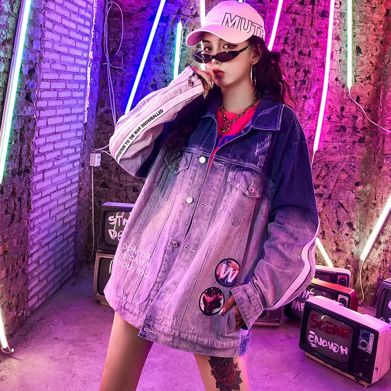 2019 свободная Корейская лента значок потертая Потертая джинсовая куртка|Женские