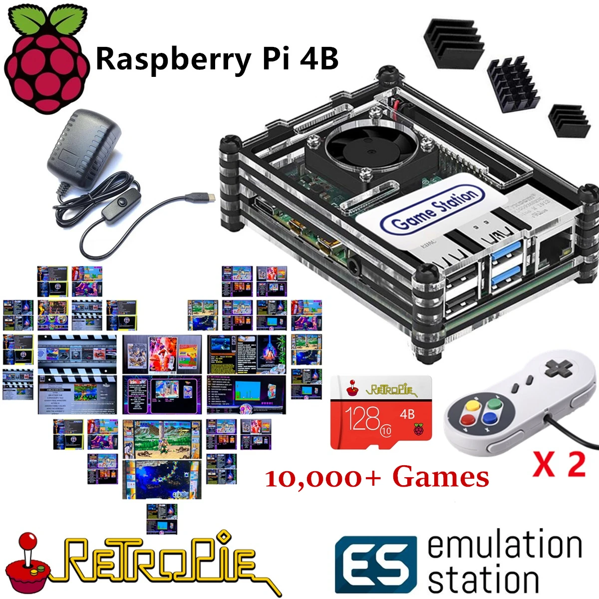 Billig Retropie Emulation Station Spiel Station - Raspberry Pi 4B 4G Ram Version 128G 10000 + Spiele Vorinstalliert Mit 2 USB Gamepads