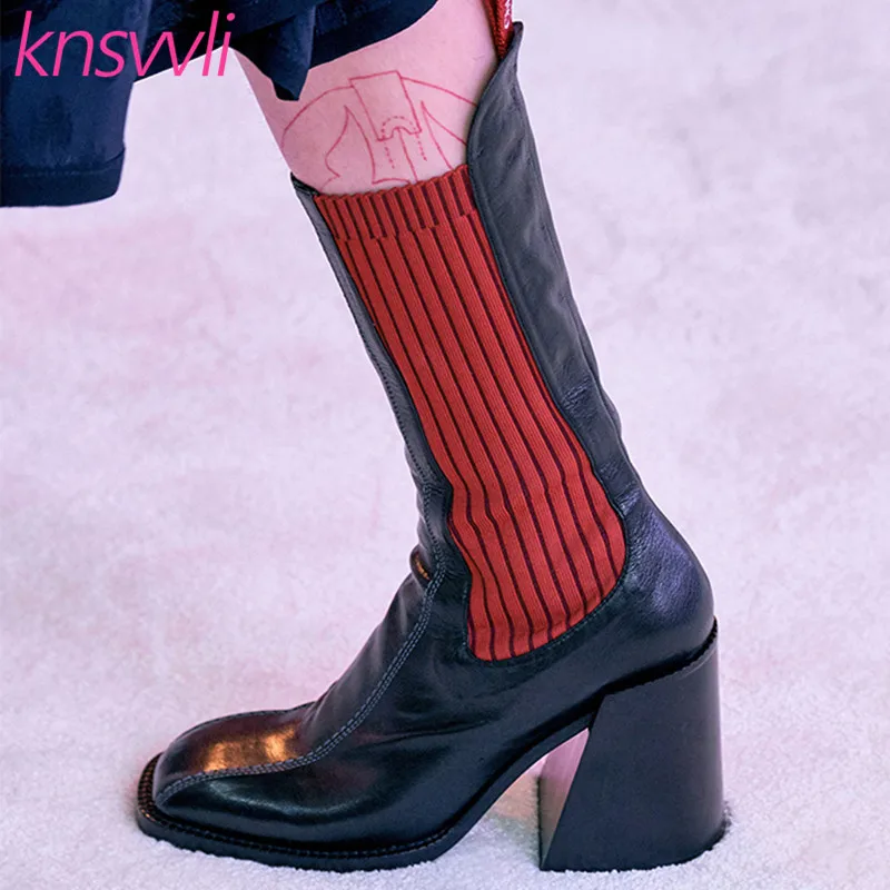 Новинка стильные кожаные носки ботильоны женские вязаные ботинки с квадратным