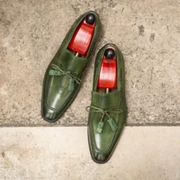 new men fashion classic trend all match dress shoes handmade high grade green pu square toe woven tassel retro loafers ks318
