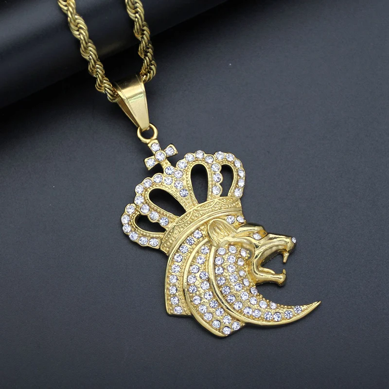 Цепочка с подвеской в виде короны и льва из нержавеющей стали