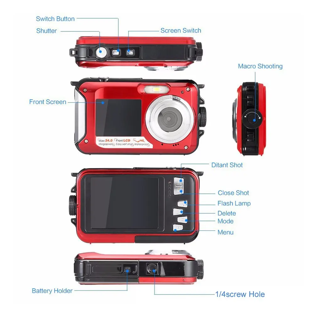 2 7 дюймов TFT цифровая водостойкая камера 24MP/48MP MAX 1080P двойной экран 16x цифровой зум