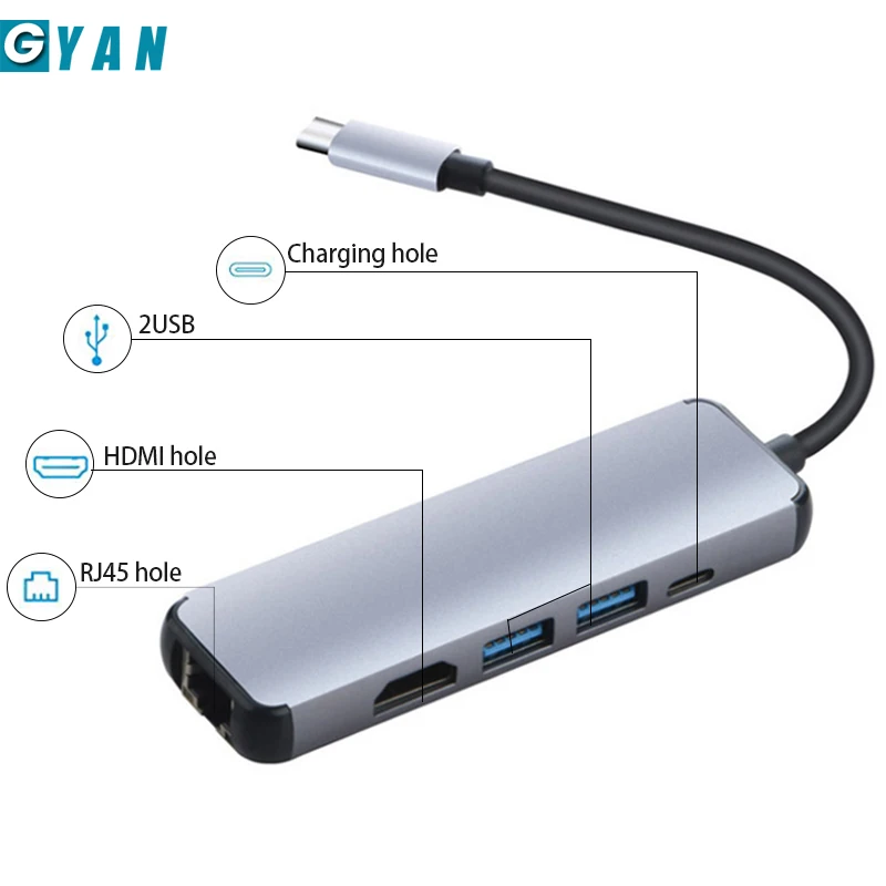 USB C концентратор 5 в 1 Hdmi Gigabit Ethernet адаптер для Macbook Air Pro 2018 Тип к Rj45 Lan со стандартным
