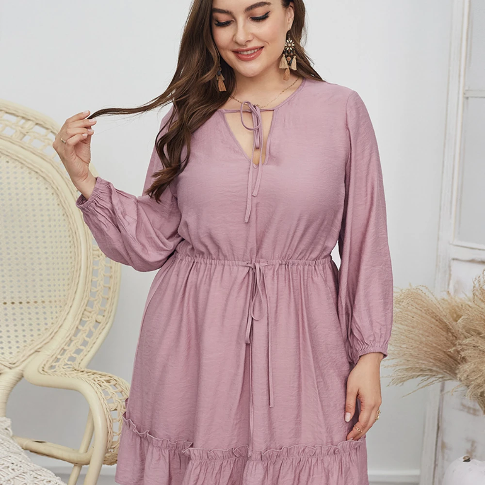 

2021 New Women Long Sleeve V-neck Summer Solid Plus Size Dress Bohemian A-line Slim Waist Dresses Women's Fashion Beach Style
