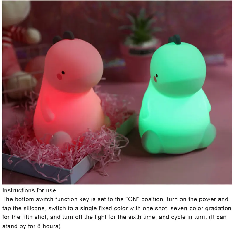 

Cartoon Dinosaur LED Lamp Silicone Bedside Reading Lamp Tap to Change Light Color USB Rechargeable WWO66