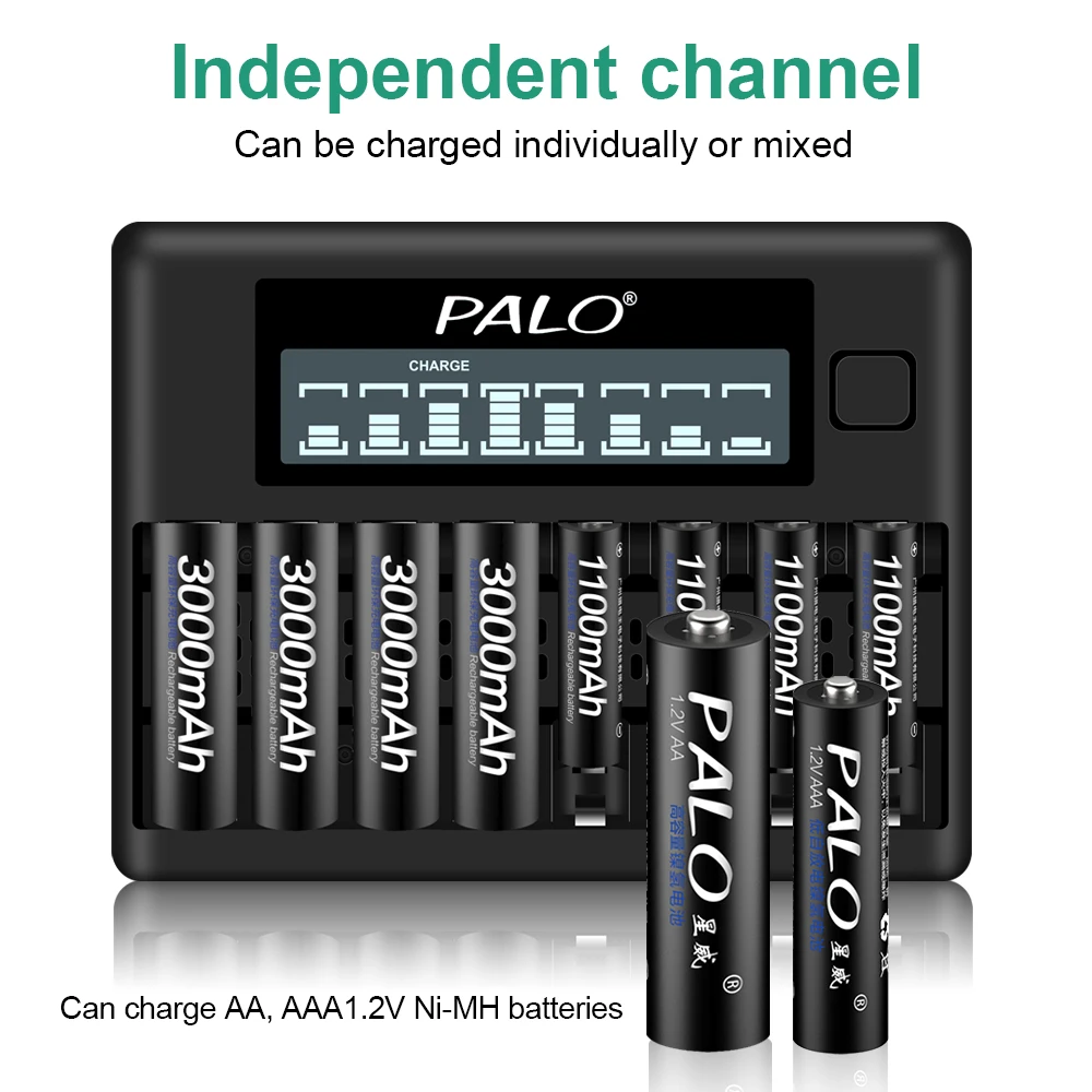 PALO 1 2 V AA перезаряжаемые батареи 3000mAh 2A Ni-MH Ni MH Rechargeble с 8 слотами AAA зарядное