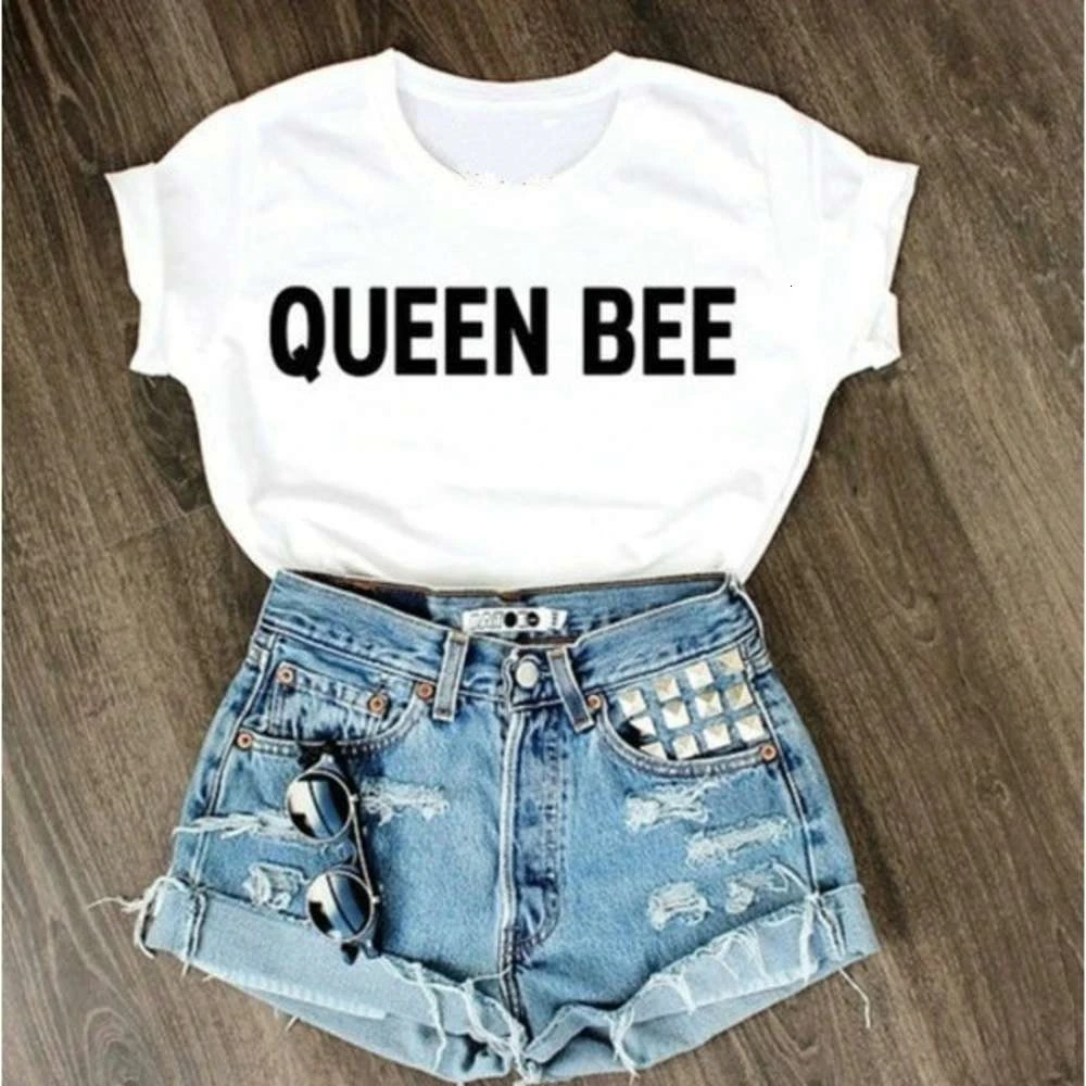 

tee Hot summer versatile T-shirt queen bee letter print simple short sleeve fashion O07T
