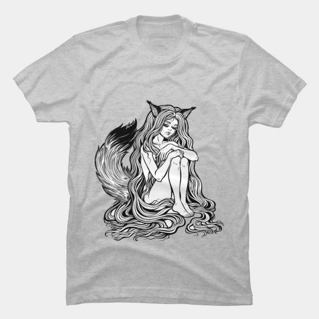 

Summer Fashion men's T-shirt 100% Cotton Beautiful Demon Fox Kitsune Shapeshifter Unique Creative Short Sleeve Graphics