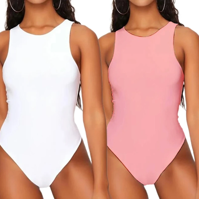 

Womens Summer Sleeveless O-Neck Bodysuit High Waist Racer Back Bodycon Leotard Solid Color Basic Tank Top Jumpsuit