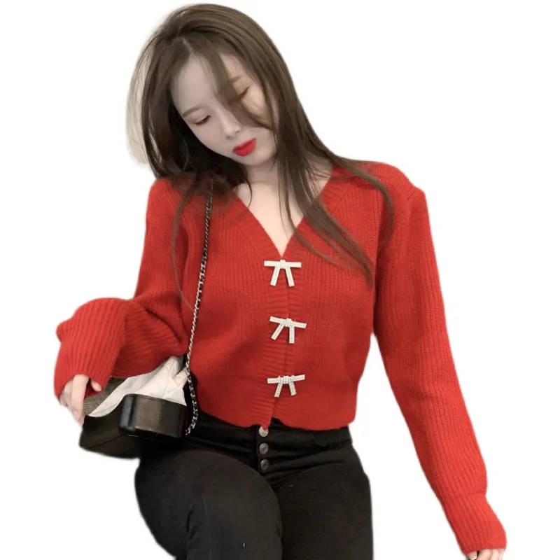 

GRUIICEEN 2021 Spring Bow Buttons Red Sweaters Women Loose V-Neck Knitting Cardigan Long Sleeve Short Coat