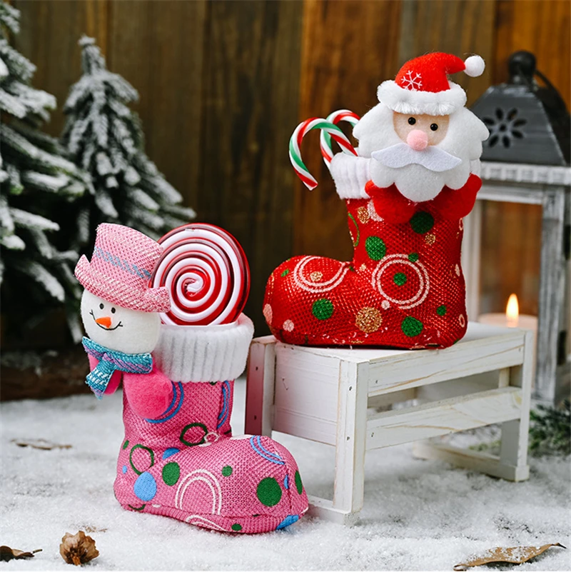 Christmas Funny Candy Boot Cute Ornaments Cartoon Bright Cloth Shoes Stockings Decoration Supplies Xmas Gift Holders | Дом и сад